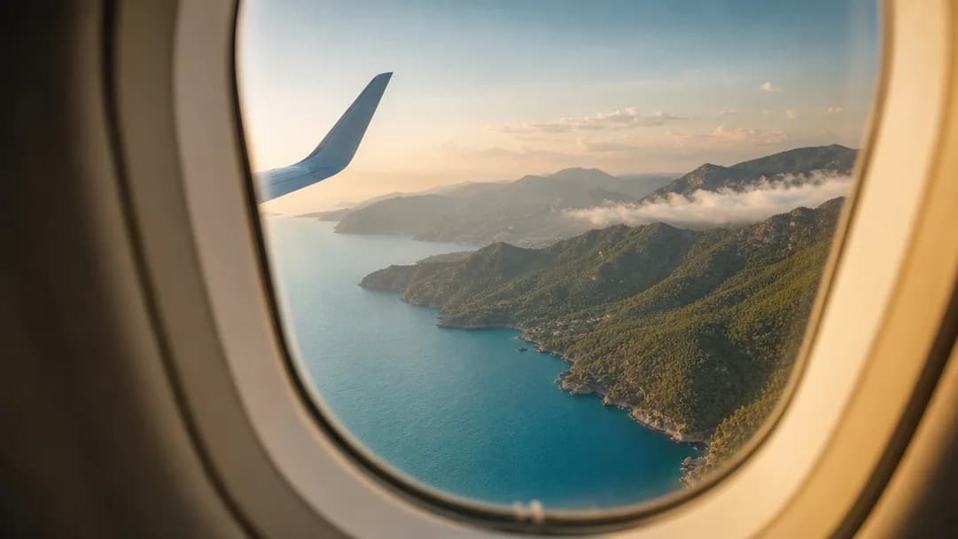 The Mediterranean coast seen from an aircraft window in the late afternoon