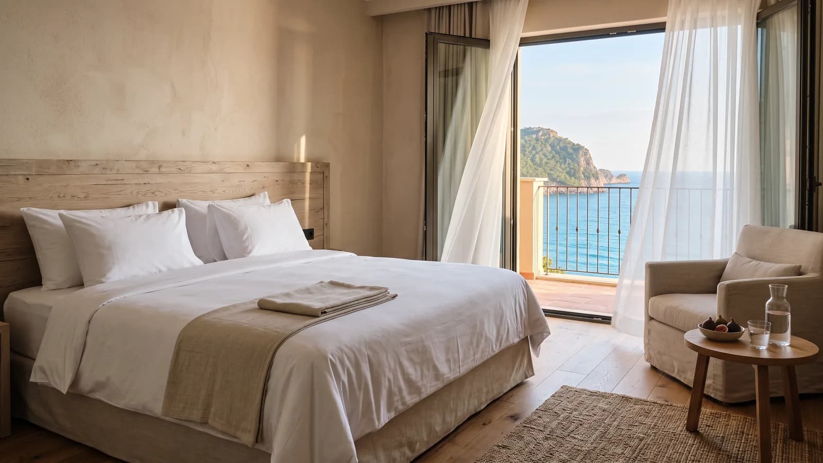 A calm hotel room with a made bed, a linen chair and open doors onto a sea-view balcony