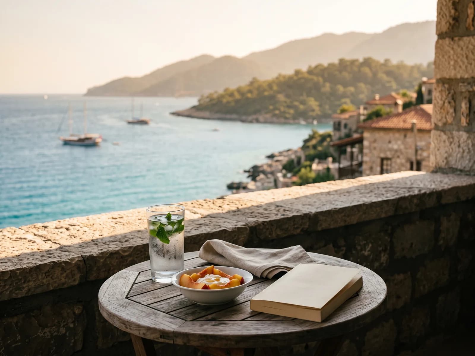A shaded balcony table with iced water and soft fruit, looking out over the Antalya coastline