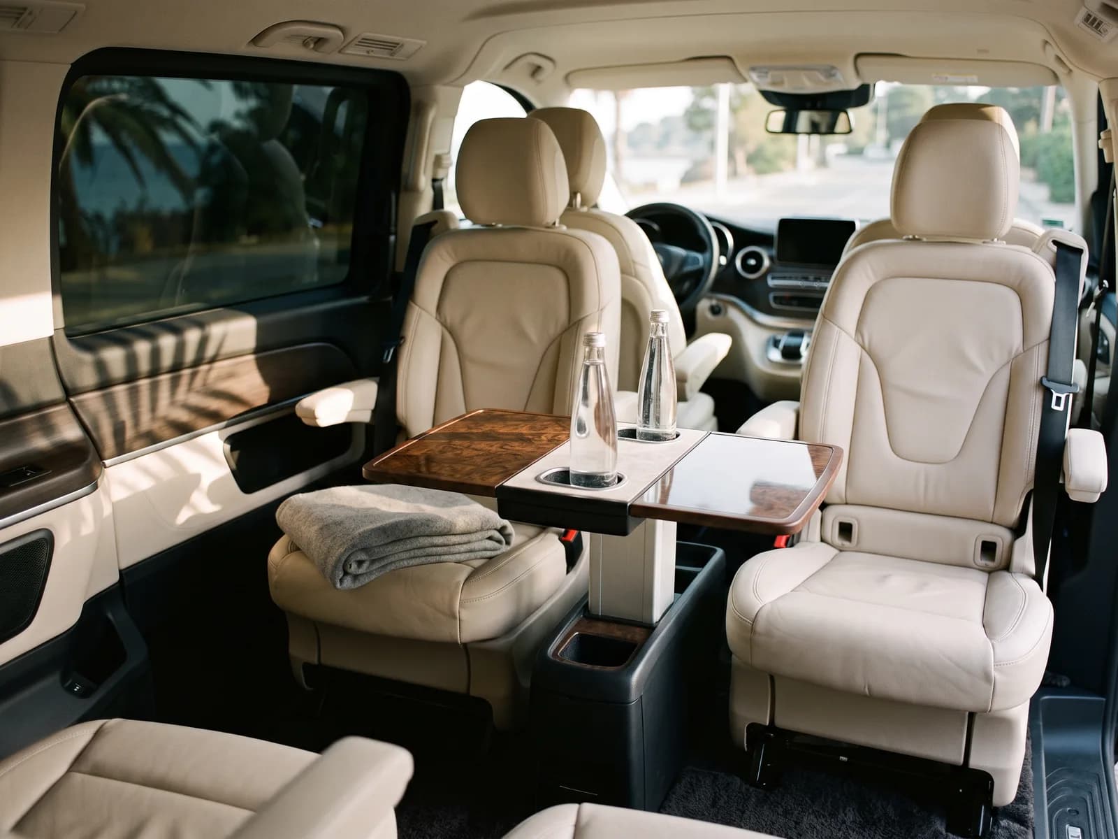 The interior of a premium transfer van: cream leather seats, a folding table and bottled water