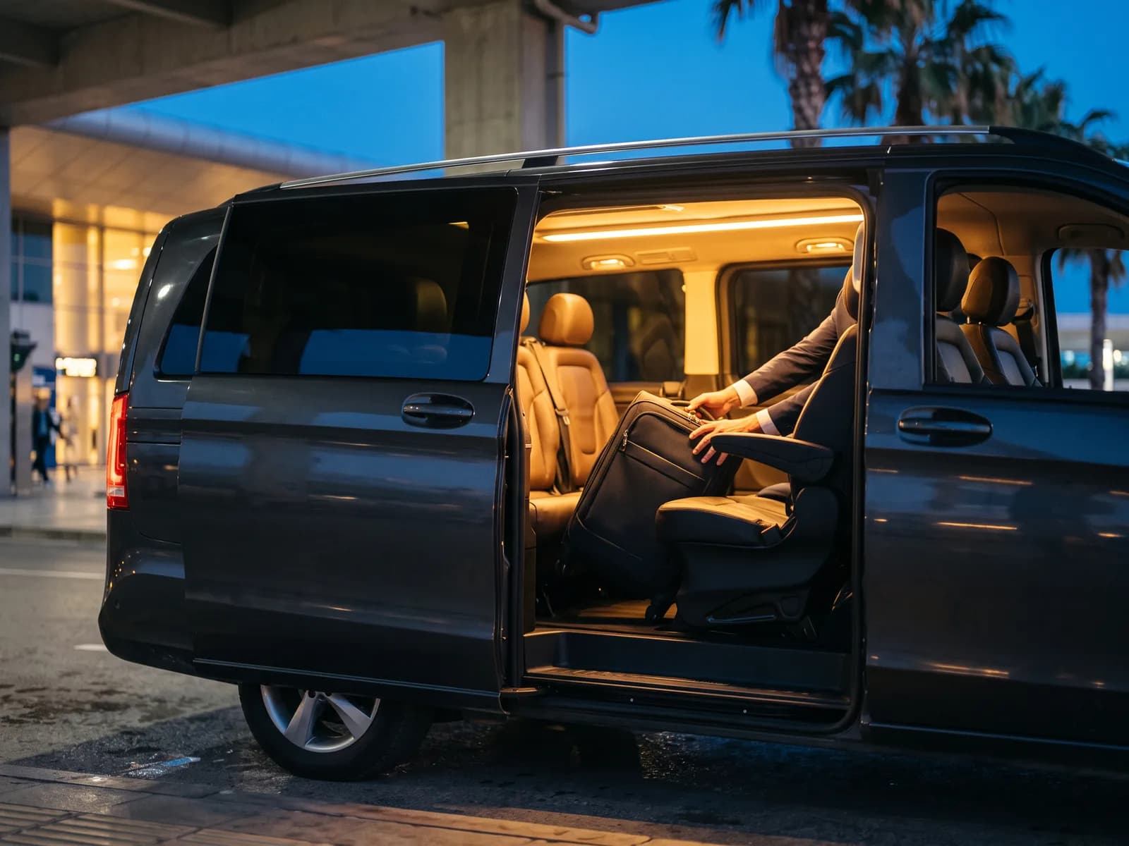 A suitcase being lifted into the open side door of the transfer van at the kerb