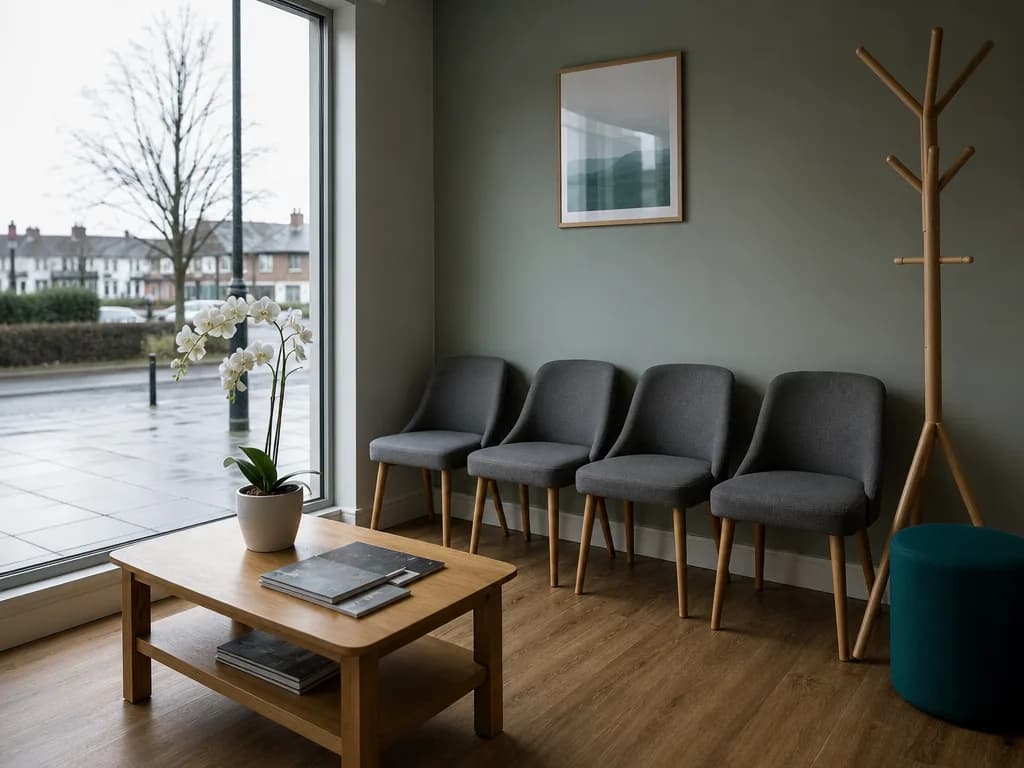 The empty waiting area of a British dental practice, upholstered chairs and a window onto a wet street