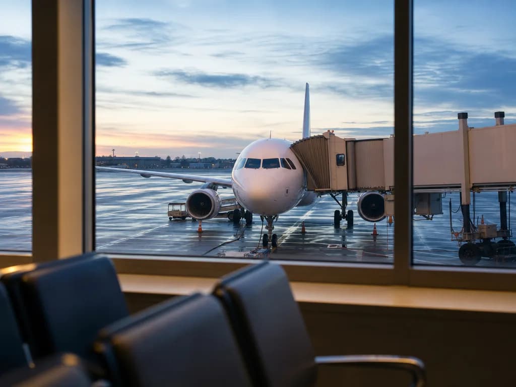 An airport window at dawn with an aircraft on stand outside