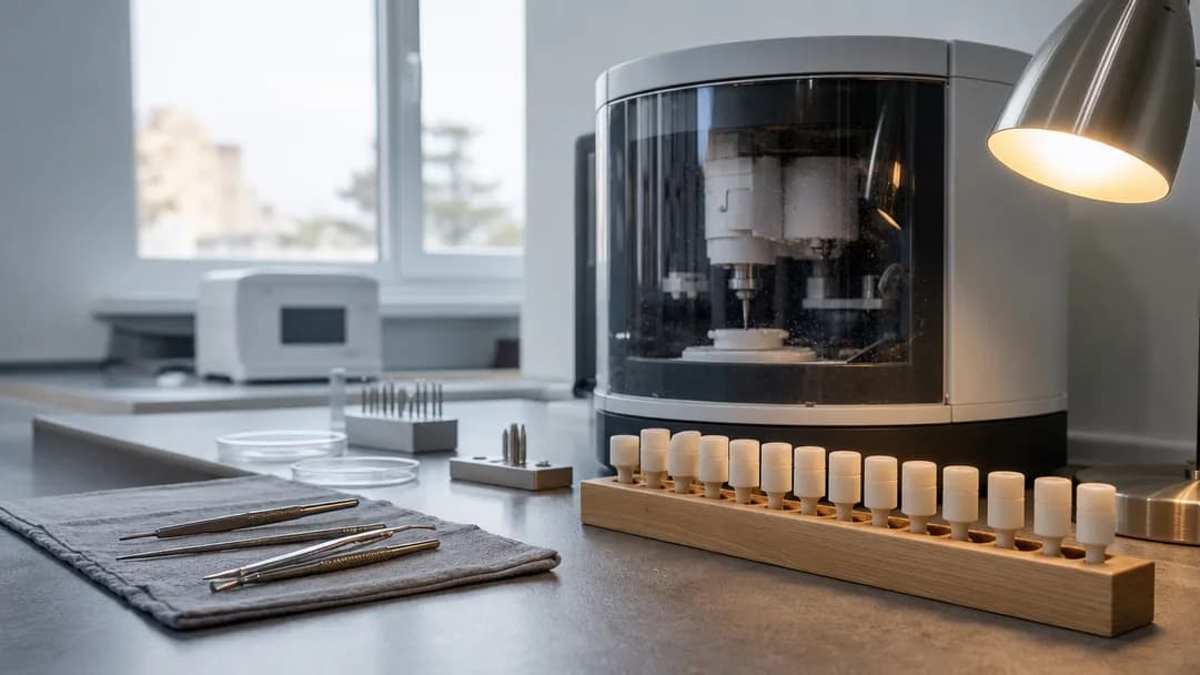 A dental laboratory bench with ceramic blanks and a milling unit