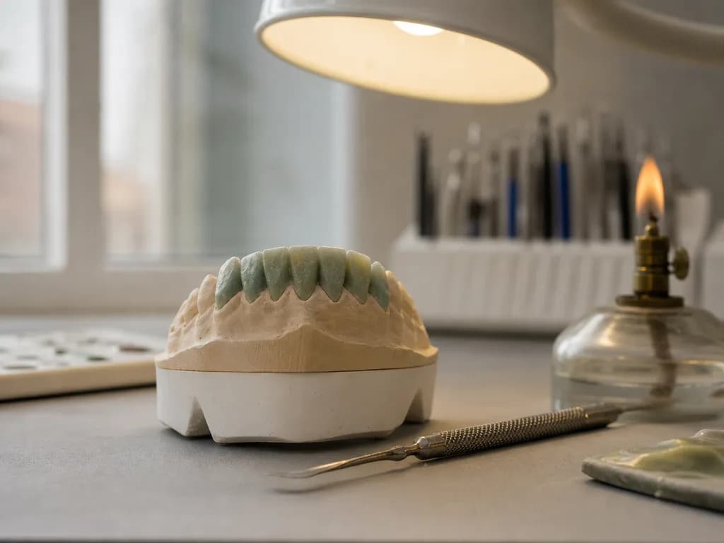 A wax mock-up on a plaster model beside modelling instruments on a bench