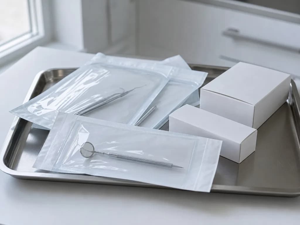 Sealed sterile pouches and plain unmarked boxes on a stainless steel tray