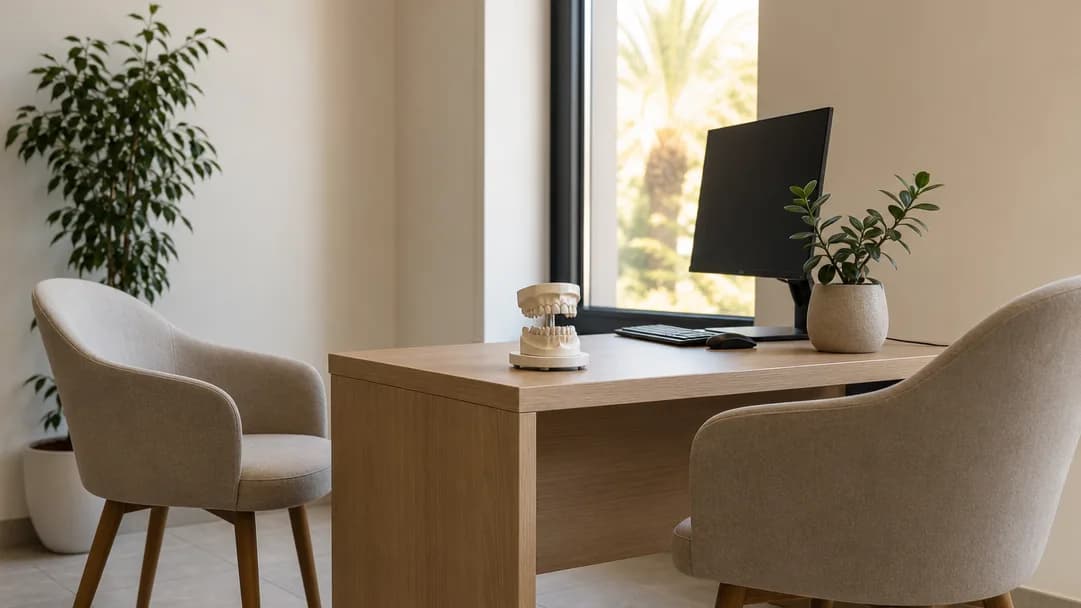 A consultation corner with two empty chairs and a plaster jaw model on the desk