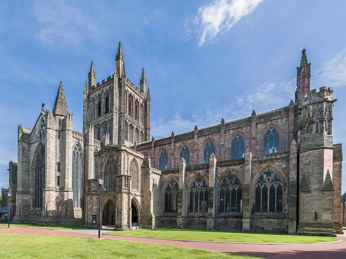 Hereford: a red sandstone cathedral beside the wide River Wye