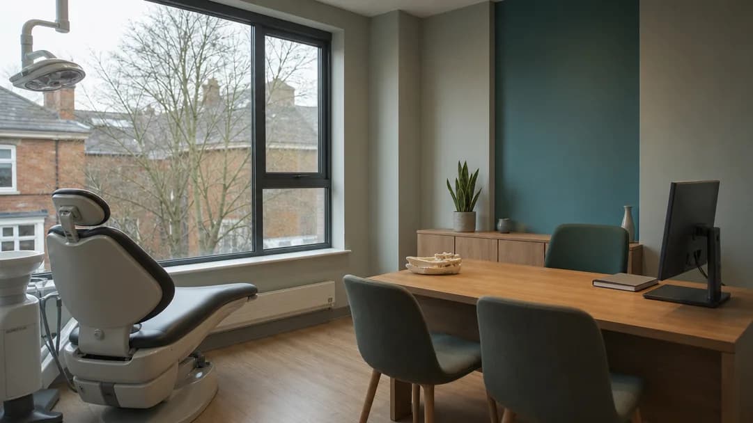 An empty consulting room in a British dental practice, a desk with two facing chairs and grey daylight through the window